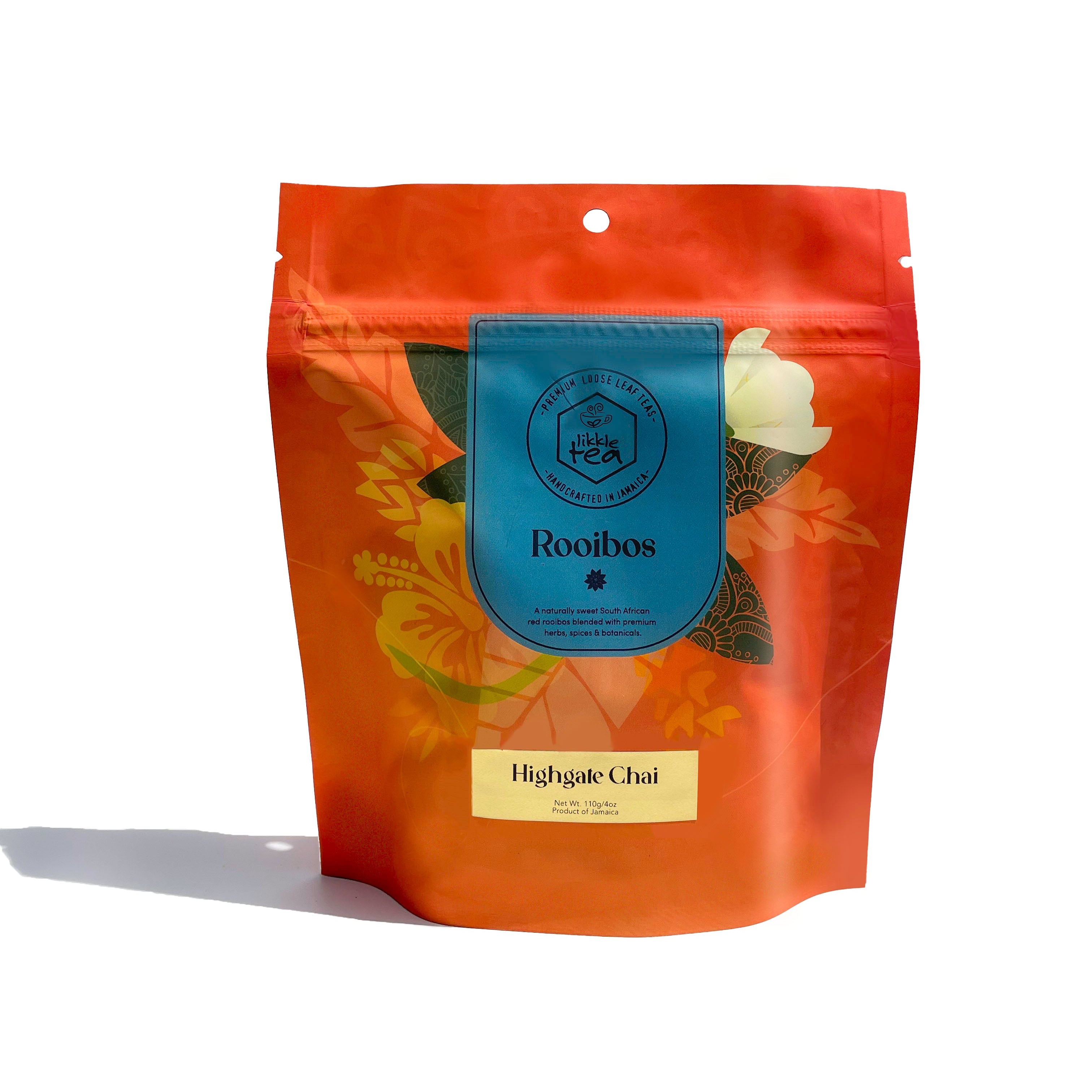 Brown tea packaging with a blue label on a white background