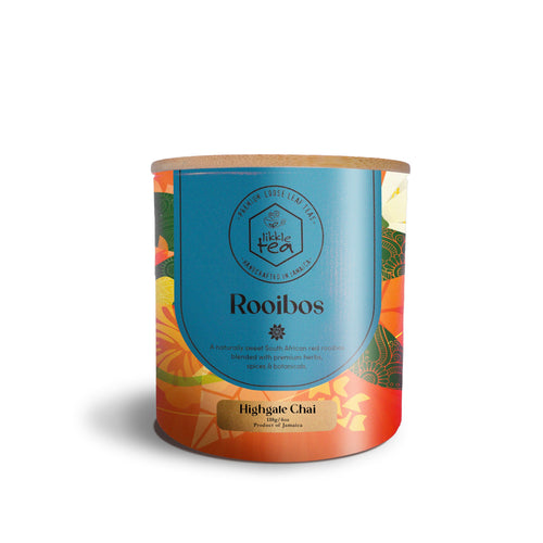 Tea canister with a blue label on a white background