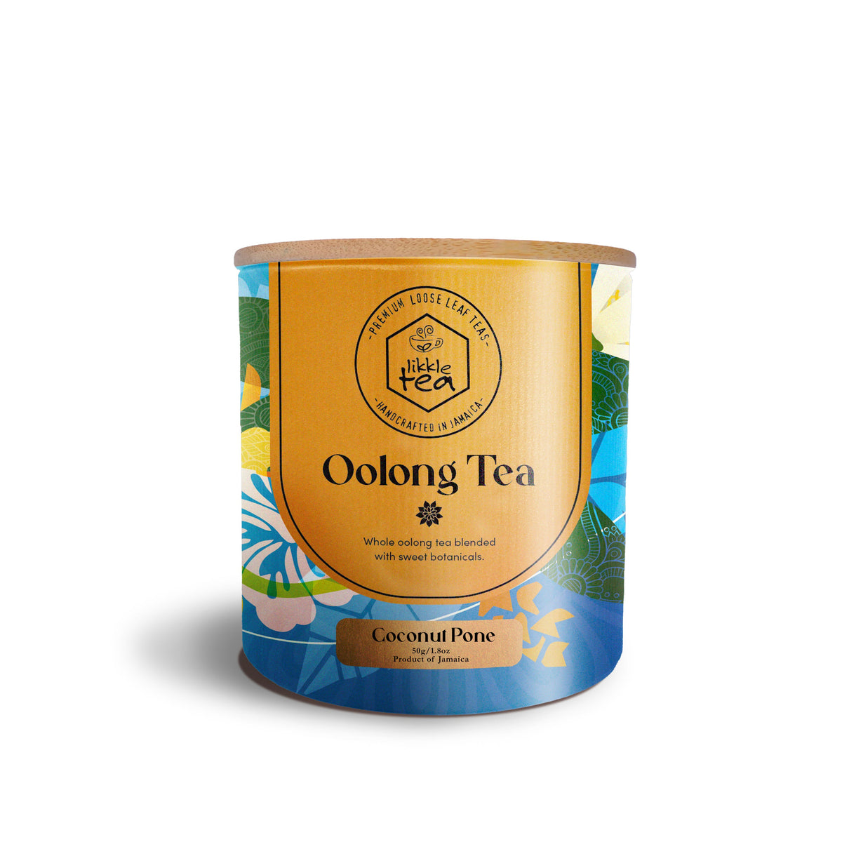 Canister of oolong tea with decorative label on a white background