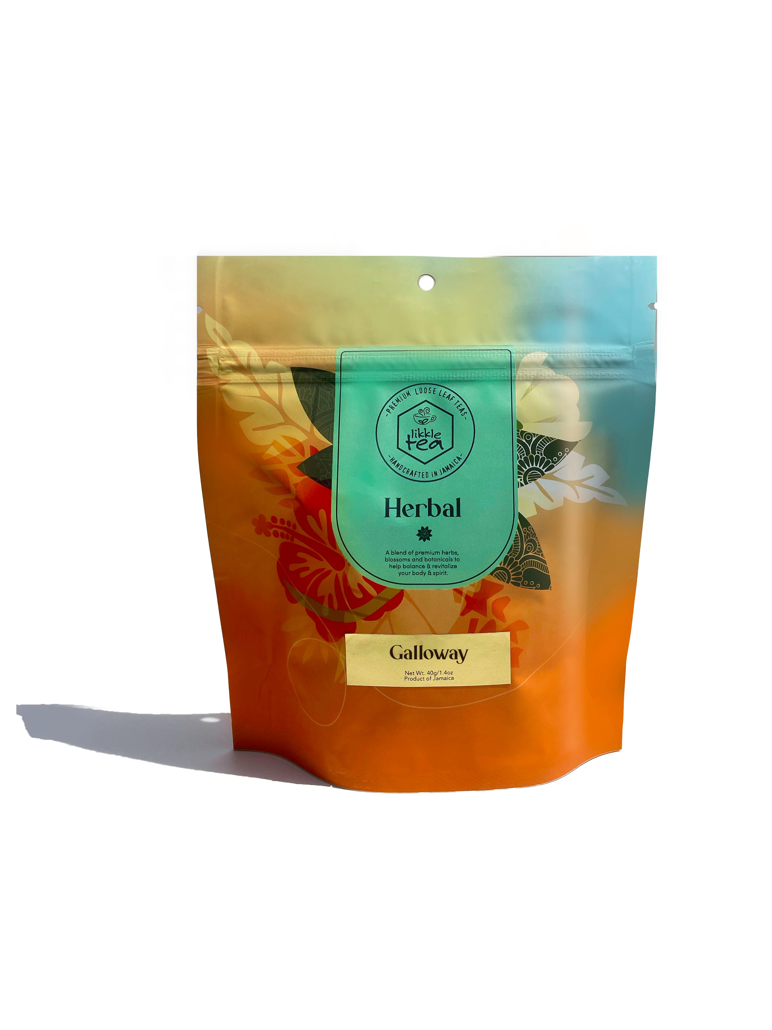 Herbal tea package with a green label on a white background