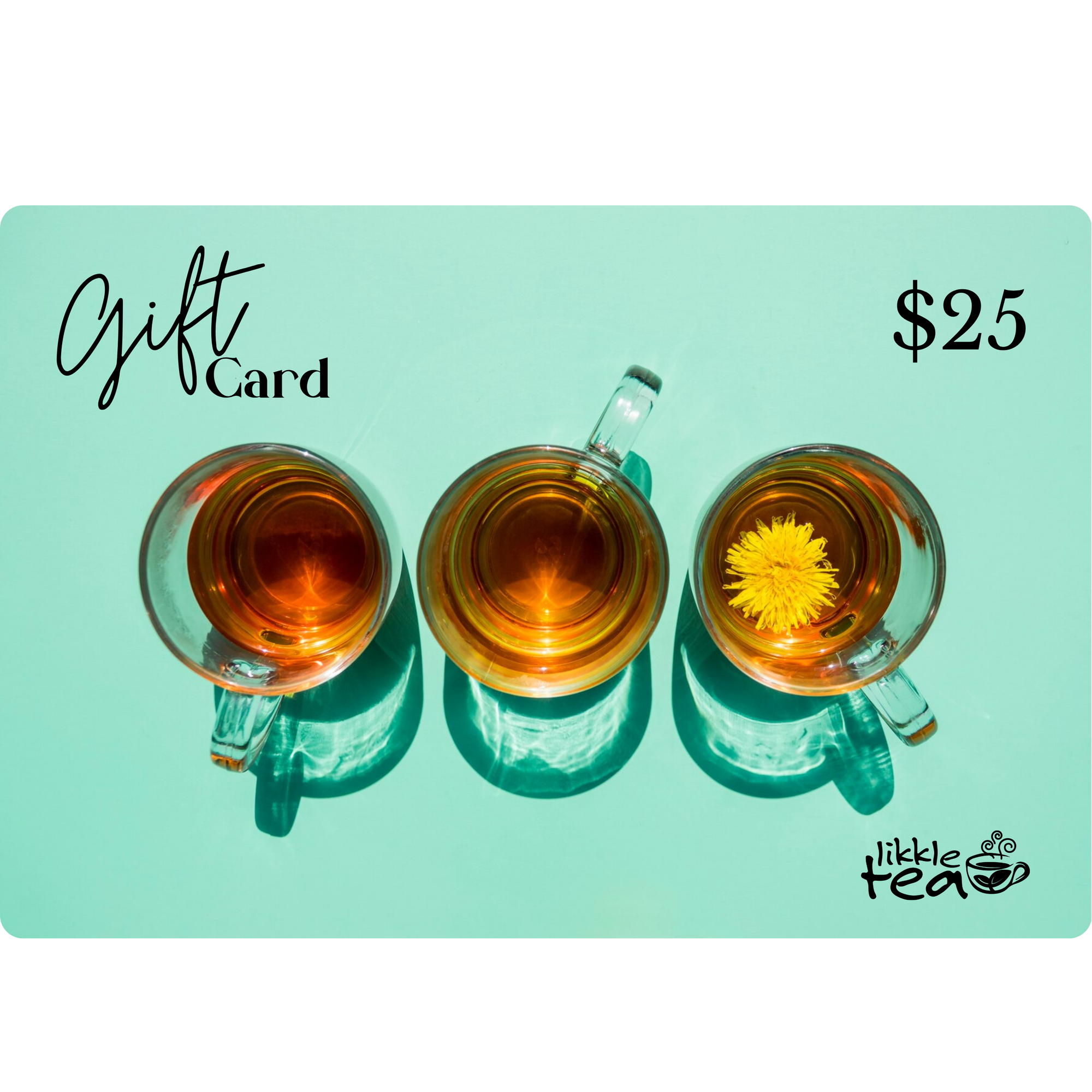 Likkle Tea gift card with three teacups on a light blue background