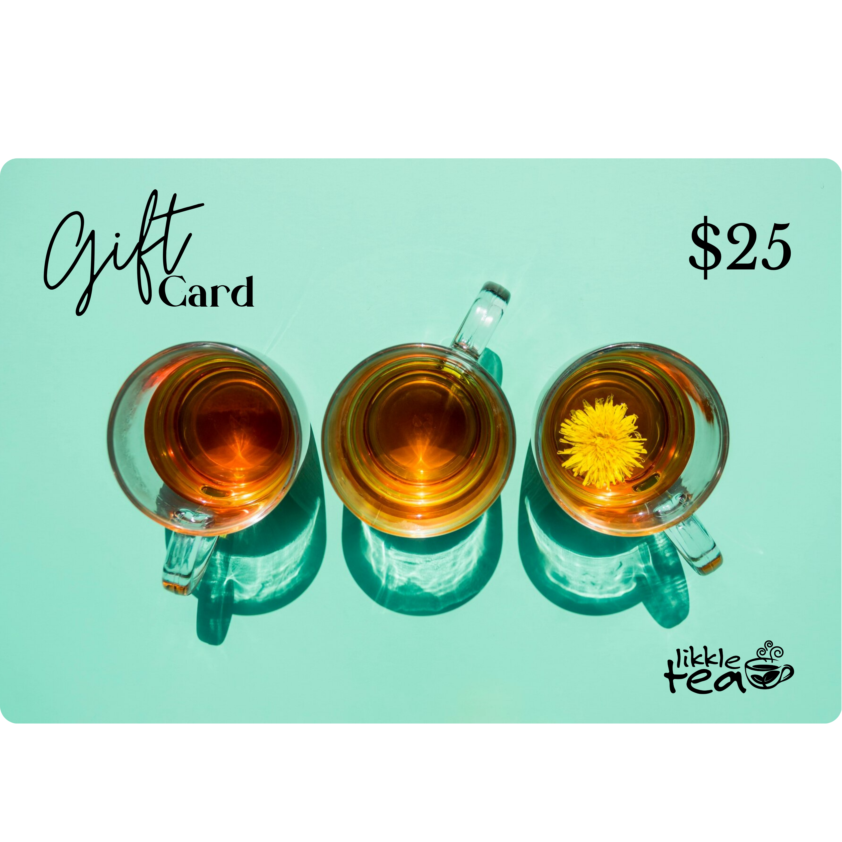 Likkle Tea gift card with three teacups on a light blue background