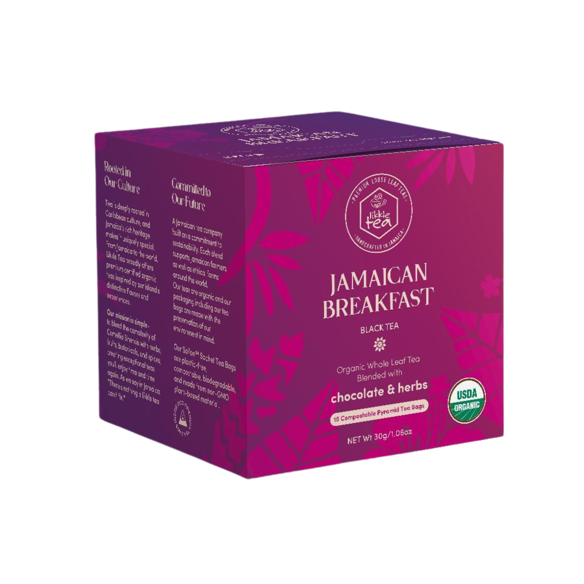 Tea box labeled 'Jamaican Breakfast' with purple design on a white background