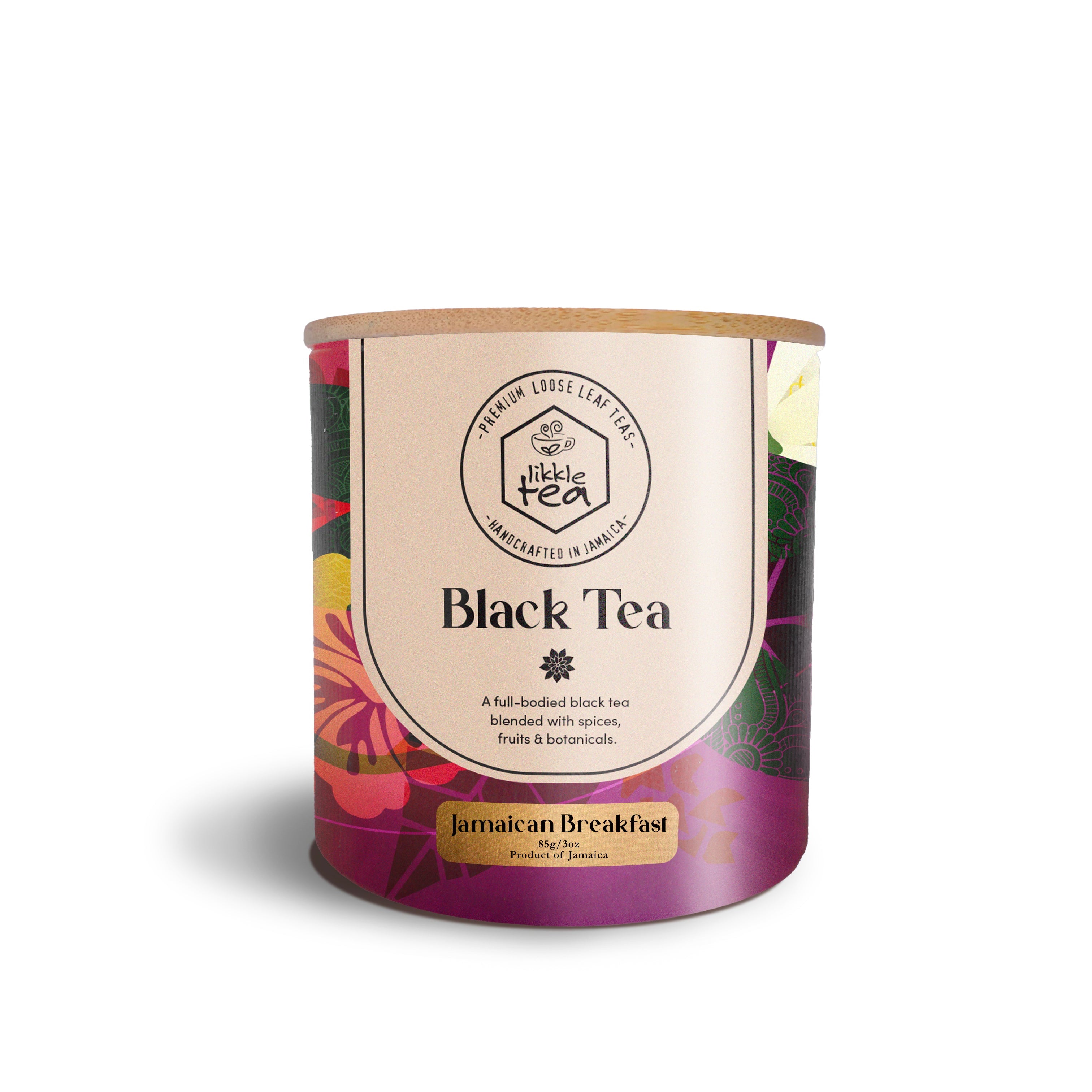Tea canister labeled 'Black Tea Jamaican Breakfast' on a white background