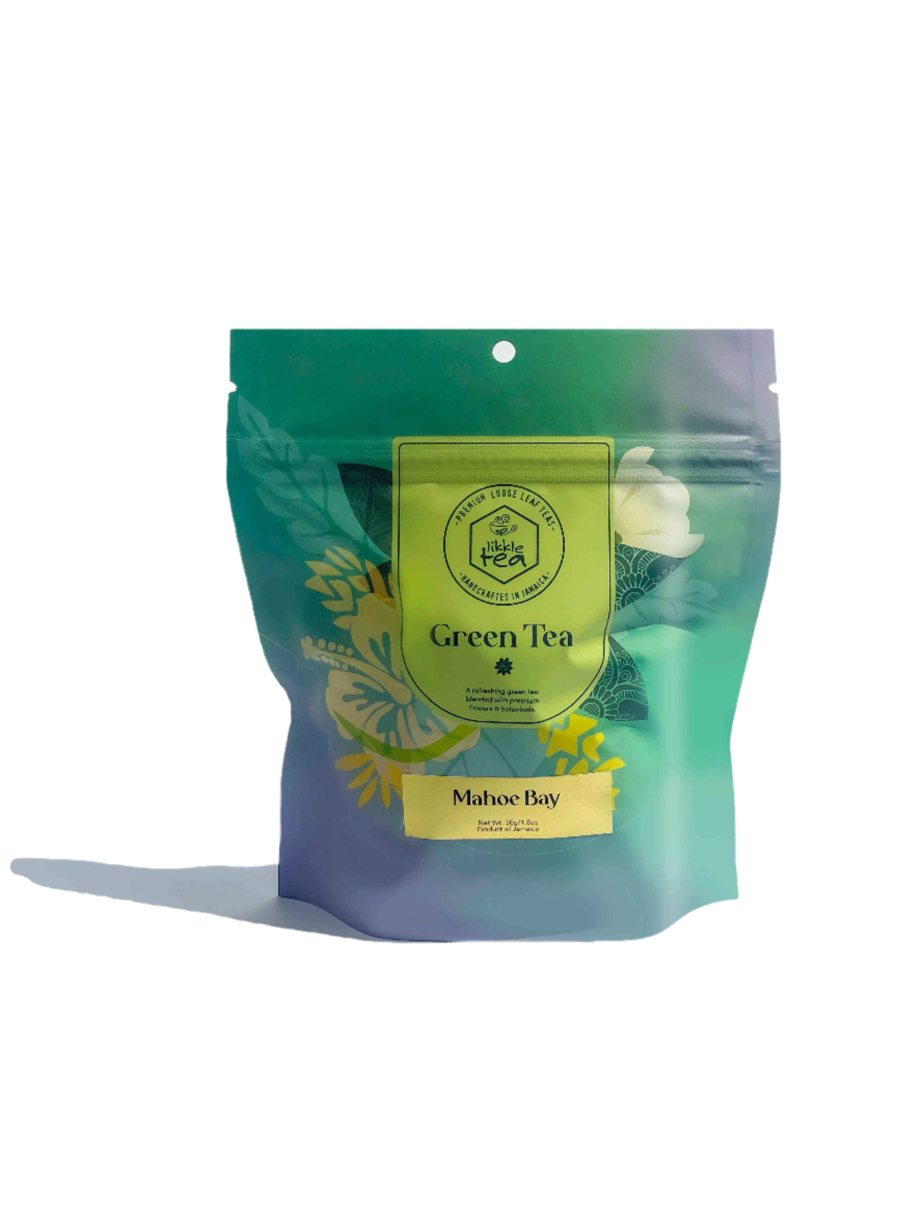 Mahoe Bay Green tea bag on a white background