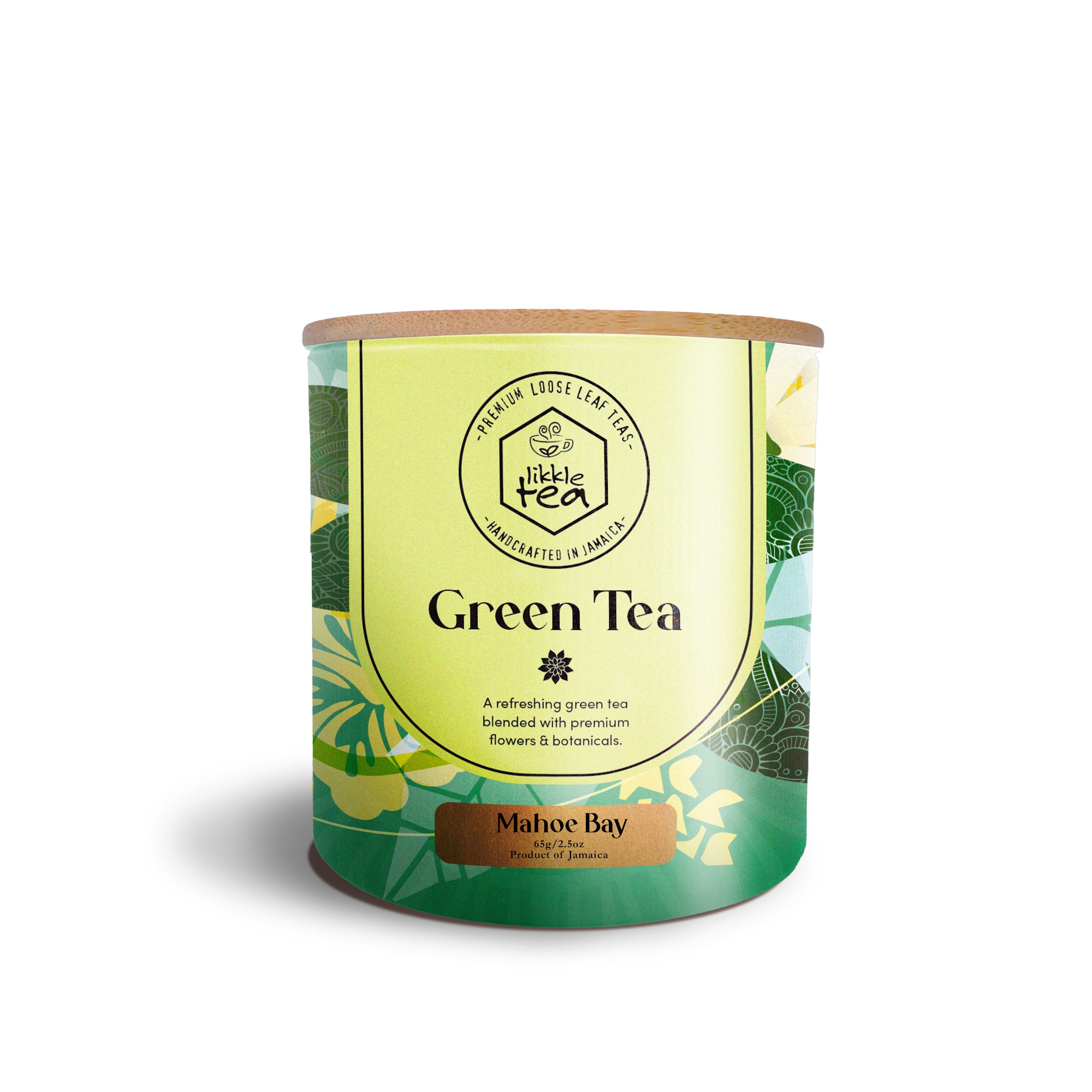 Canister of green tea with a green and white label on a white background