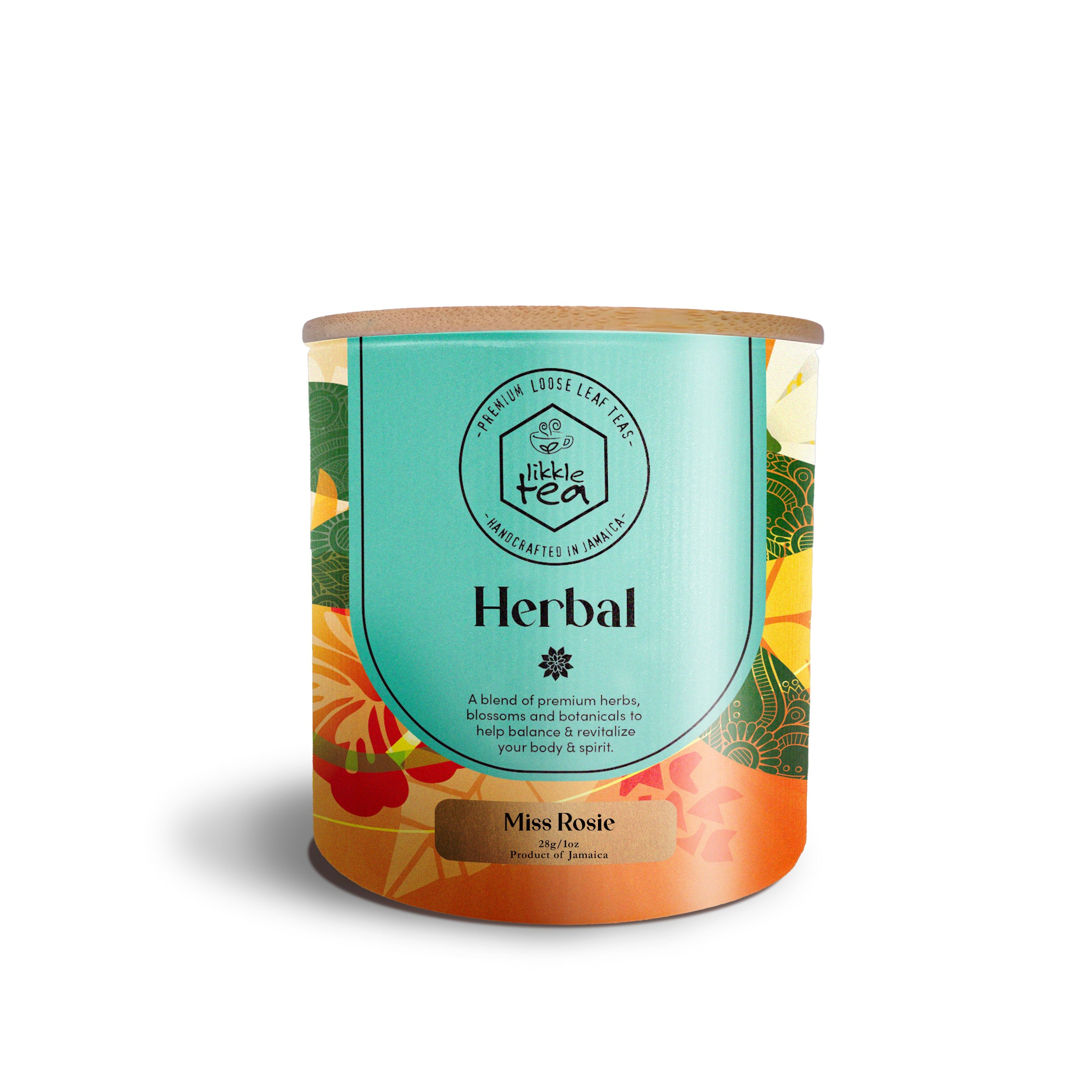 Tea canister labeled 'Herbal' by Miss Rosie on a white background