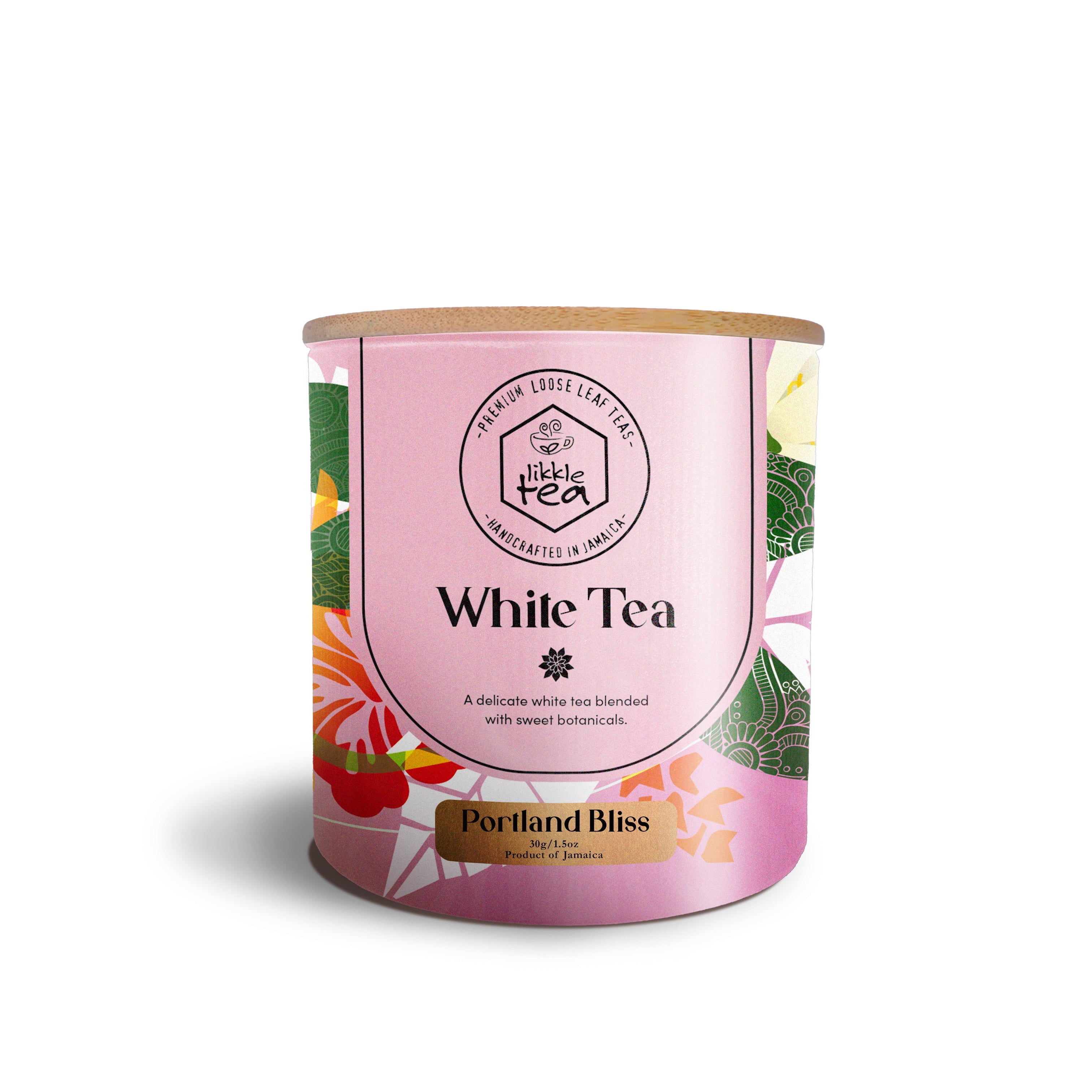 Tea canister labeled 'White Tea' with floral design on a white background