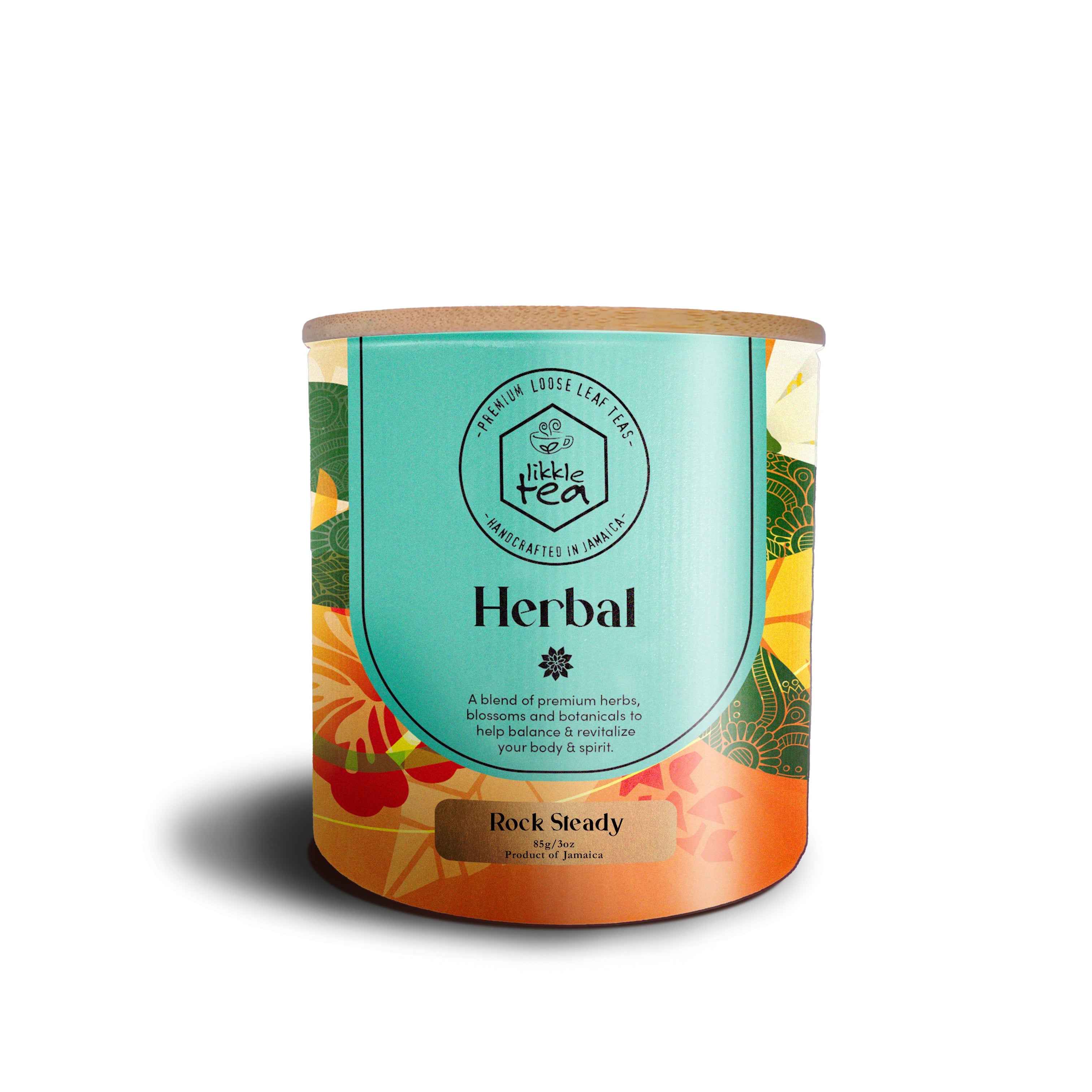 Tea canister labeled 'Herbal' with a brand logo on a white background